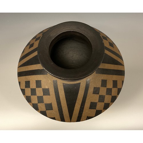 323 - Jason Wason (b.1946) studio pottery vessel of archaic waisted form, decorated with geometric pattern... 