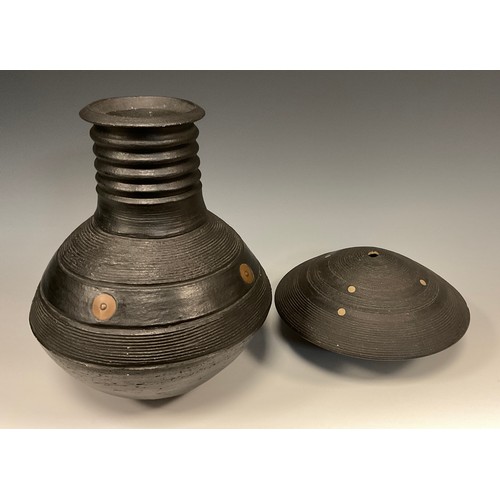 321 - Jason Wason (b.1946) a banded studio pottery vessel, ridged four ring neck, stepped waisted ovoid bo... 