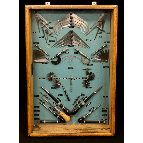 1139 - A Chesterfield collage tools montage display wall case containing assorted tools including; vernier ... 