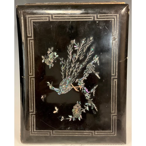 1084 - An early 20th century shibayama postcard album, the cover  applied in relief with mother-of-pearl an... 