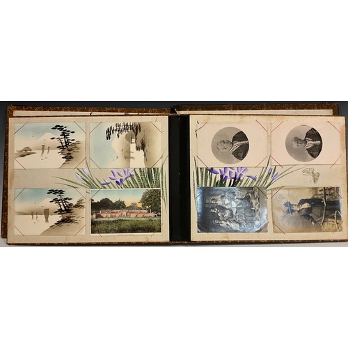 1084 - An early 20th century shibayama postcard album, the cover  applied in relief with mother-of-pearl an... 