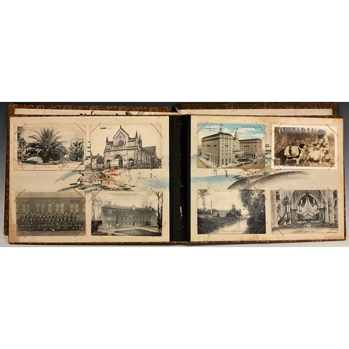 1084 - An early 20th century shibayama postcard album, the cover  applied in relief with mother-of-pearl an... 