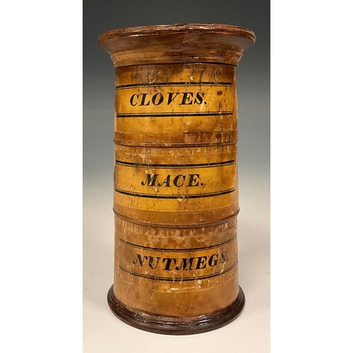 1141 - A 19th century three tier boxwood spice tower, Cloves, Mace & Nutmeg, 12.7cm high, 7.5cm diameter.