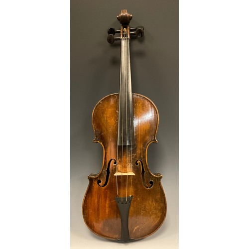 1071 - A 19th century German Violin, Saxony region, two-piece back measuring 35.8cm, cased with bow en-suit... 