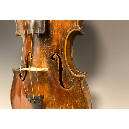 1071 - A 19th century German Violin, Saxony region, two-piece back measuring 35.8cm, cased with bow en-suit... 