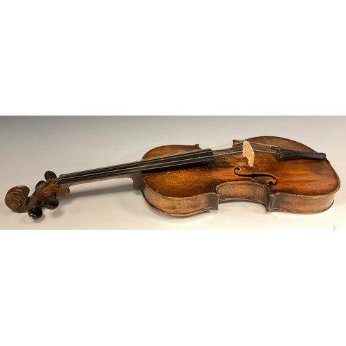 1071 - A 19th century German Violin, Saxony region, two-piece back measuring 35.8cm, cased with bow en-suit... 