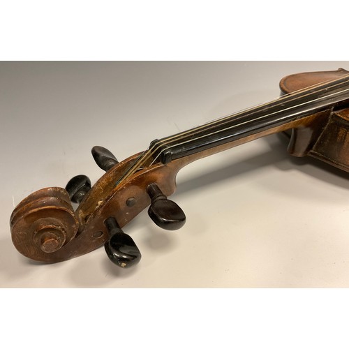 1071 - A 19th century German Violin, Saxony region, two-piece back measuring 35.8cm, cased with bow en-suit... 