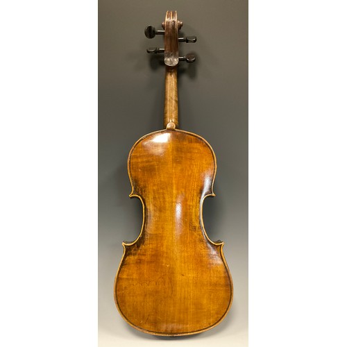 1071 - A 19th century German Violin, Saxony region, two-piece back measuring 35.8cm, cased with bow en-suit... 