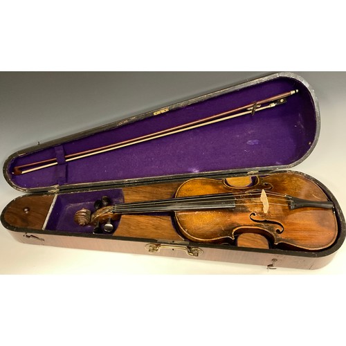 1071 - A 19th century German Violin, Saxony region, two-piece back measuring 35.8cm, cased with bow en-suit... 