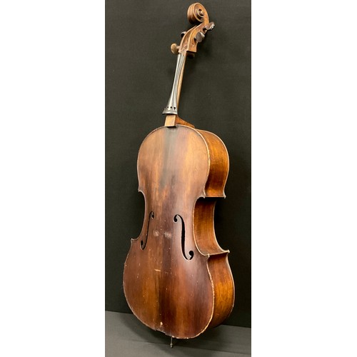 1073 - A full size Cello, two-piece back with tightly figured rippled maple, measuring 75cm, repairers labe... 