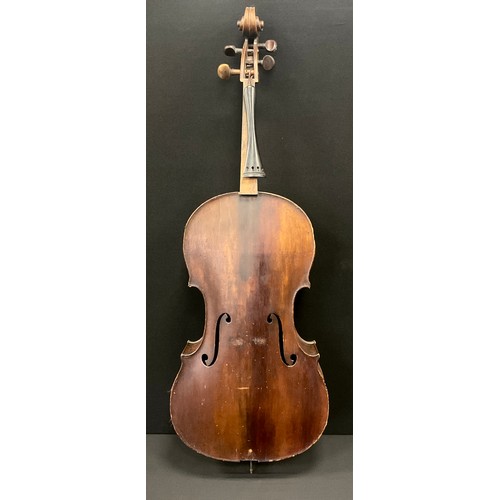 1073 - A full size Cello, two-piece back with tightly figured rippled maple, measuring 75cm, repairers labe... 