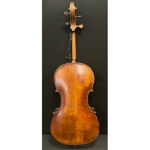 1073 - A full size Cello, two-piece back with tightly figured rippled maple, measuring 75cm, repairers labe... 