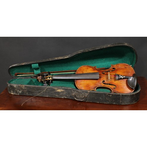 1077 - A violin, the two-piece maple back 35.5cm long excluding button, paper label printed Copy of Gio Pao... 