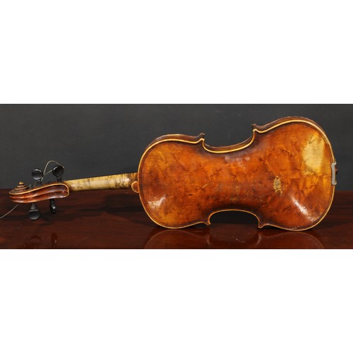 1077 - A violin, the two-piece maple back 35.5cm long excluding button, paper label printed Copy of Gio Pao... 