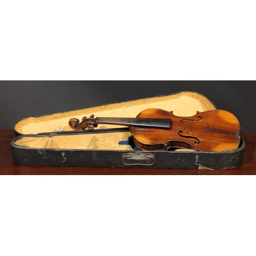 1076 - A violin, the two-piece back 36cm long excluding button, rosewood tuning pegs, outlined throughout w... 