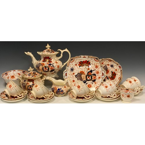 326 - A 19th century English porcelain ‘Imari’ pattern tea service for six comprised of; a tea pot, sugar ... 