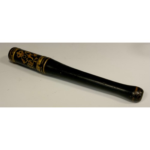 1083 - A George IV turned wooden short barrel truncheon, GR IV gilt and red cypher , black ground, 25.5cm l... 