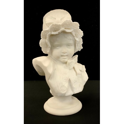 1104 - A 19th century carved white alabaster bust of young girl in bonnet, 33cm high