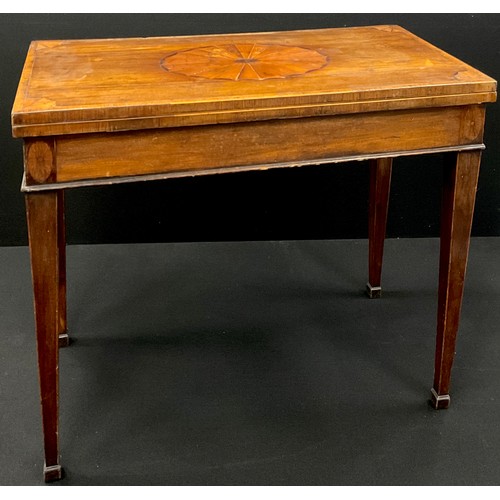 1277 - A Regency mahogany card table, the mahogany cross-banded top inlaid with bat-wing patera and chevron... 