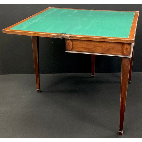 1277 - A Regency mahogany card table, the mahogany cross-banded top inlaid with bat-wing patera and chevron... 