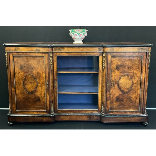 1275 - A Victorian bur walnut and marquetry inlaid breakfront credenza, central glazed door, between marque... 