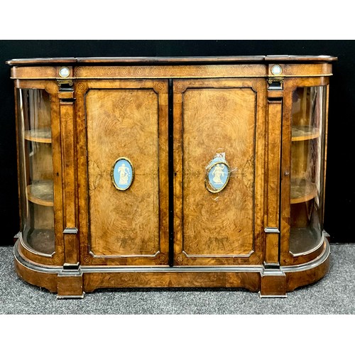 897 - A Victorian gilt metal and jasperware mounted credenza, the crossbanded top with matched veneers abo... 