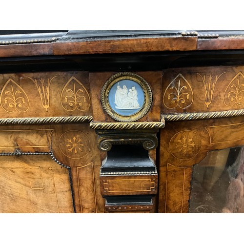 897 - A Victorian gilt metal and jasperware mounted credenza, the crossbanded top with matched veneers abo... 