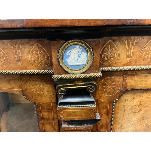 897 - A Victorian gilt metal and jasperware mounted credenza, the crossbanded top with matched veneers abo... 