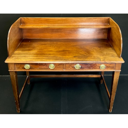 1235 - A George III walnut and mahogany writing table, high three-quarter galleried top with single shelf, ... 