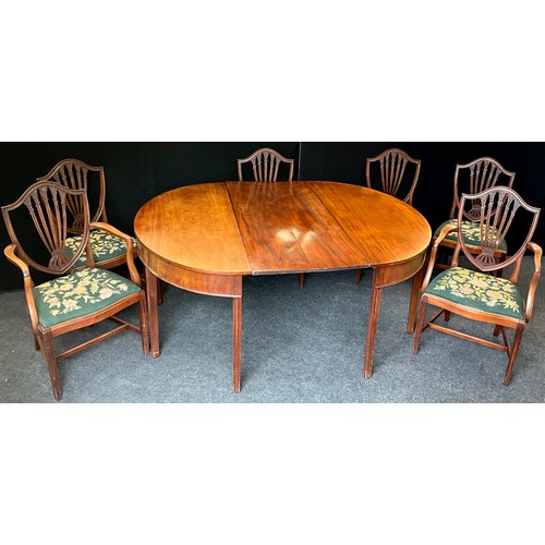 1281 - A Regency mahogany D-end dining table, with set of six mahogany dining chairs, including pair of car... 