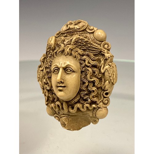 301 - A fine quality 19th century well carved Pompeii lava cameo mask head brooch as Medusa with long flow... 