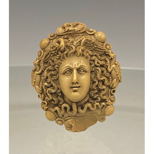 301 - A fine quality 19th century well carved Pompeii lava cameo mask head brooch as Medusa with long flow... 