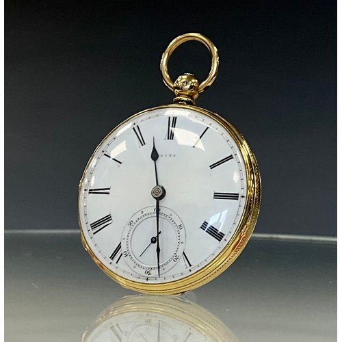 153 - A Victorian 18ct gold open face pocket watch, Mackay Cunningham & Co, Birmingham, white enamel dial,... 