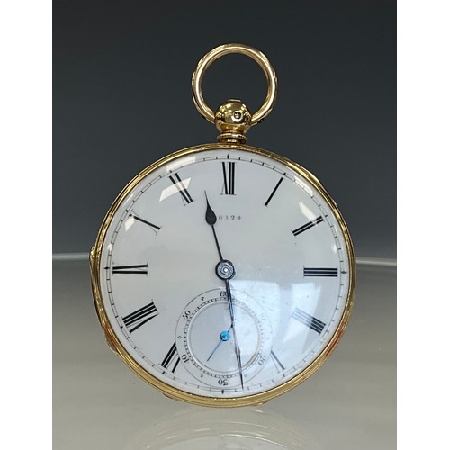 153 - A Victorian 18ct gold open face pocket watch, Mackay Cunningham & Co, Birmingham, white enamel dial,... 