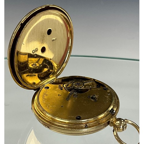 153 - A Victorian 18ct gold open face pocket watch, Mackay Cunningham & Co, Birmingham, white enamel dial,... 