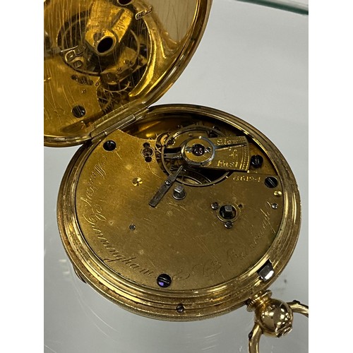 153 - A Victorian 18ct gold open face pocket watch, Mackay Cunningham & Co, Birmingham, white enamel dial,... 