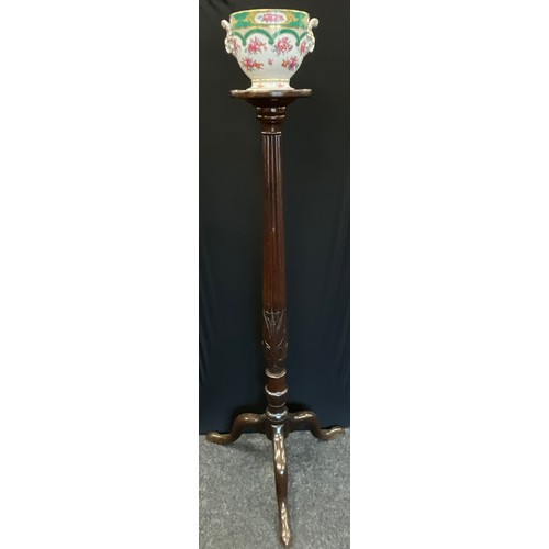 1069 - A George III Revival mahogany statuary pedestal, dished circular plateau, fluted pillar carved with ... 