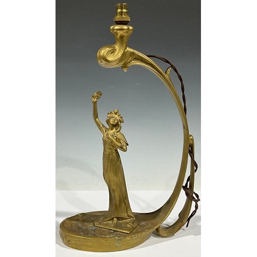 91 - An Art Nouveau cast metal figural table lamp, modelled as a maiden on sinuous column and base, 37cm ... 