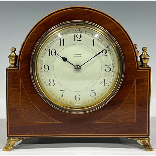 92 - An Edwardian mahogany inlaid arch-topped mantel clock, Sorley, Glasgow, 15.5cm high