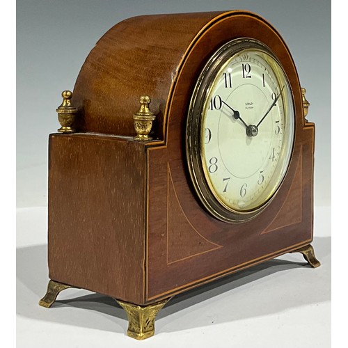 92 - An Edwardian mahogany inlaid arch-topped mantel clock, Sorley, Glasgow, 15.5cm high