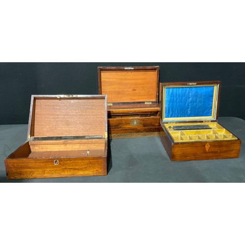 100 - A 19th century rosewood rectangular workbox, 33cm wide; other Victorian rosewood boxes (3)