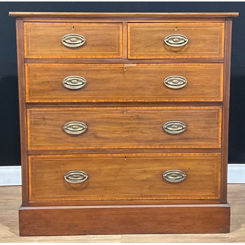 116 - An Edwardian satinwood crossbanded mahogany chest, of two short and three long drawers, plinth base,... 