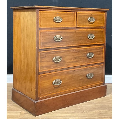 116 - An Edwardian satinwood crossbanded mahogany chest, of two short and three long drawers, plinth base,... 