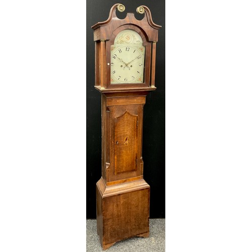 1294 - A 19th century inlaid oak and mahogany longcase clock, unsigned painted floral dial,  Arabic numeral... 