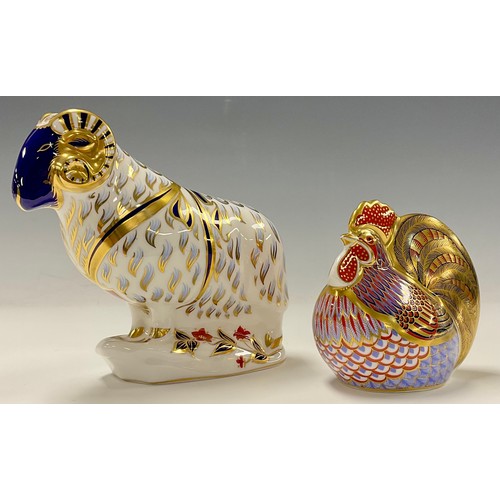 13 - A Royal Crown Derby paperweight, Cockerel, gold stopper, 11cm high; Ram, gold stopper, 14cm high (2)