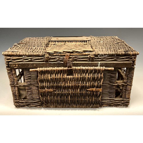 1298 - A Pigeon wicker carrier basket,'BLACKWELL.5.BRYREGLWEYS.BAGILLT'28cm X 56cm