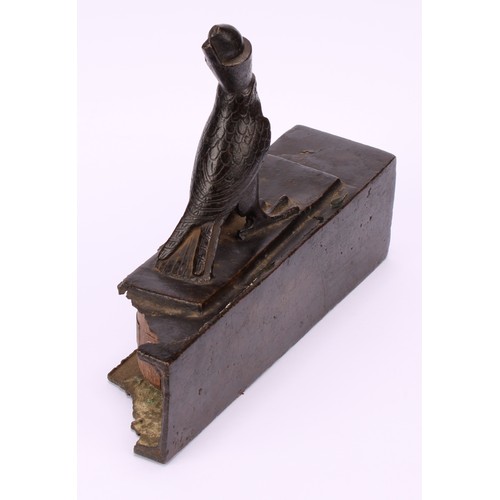 3796 - Antiquities - an Ancient Egyptian bronze falcon sarcophagus, crested by the figure of Horus, 17cm lo... 