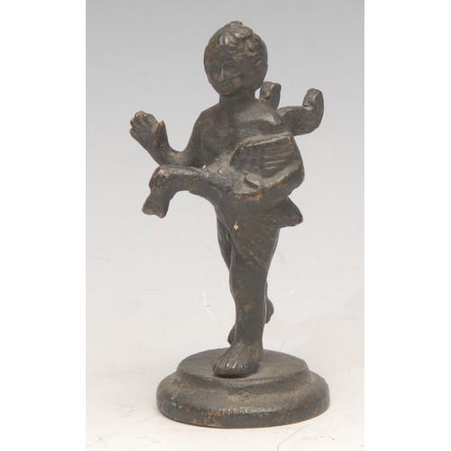 3646 - Grand Tour School, a dark patinated cabinet bronze, after the Antique as a putto with a goose, circu... 