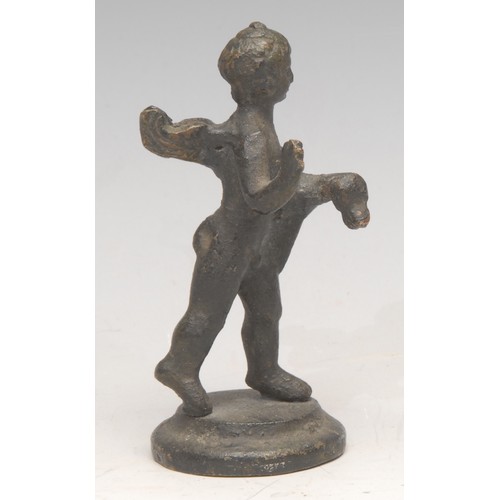 3646 - Grand Tour School, a dark patinated cabinet bronze, after the Antique as a putto with a goose, circu... 