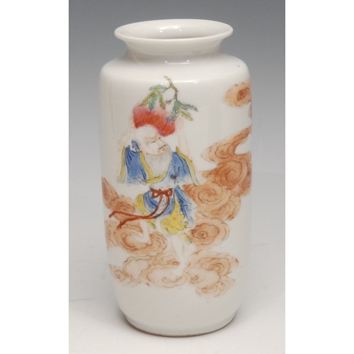 3673 - A Chinese ovoid vase, painted in polychrome with an elder holding aloft a peach, 13cm high, four cha... 